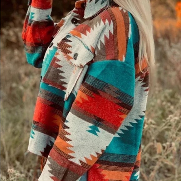 Womens Aztec Shacket Jacket Loose Vintage Boho Wool Blend Coat Button Down Shirt - Picture 7 of 9